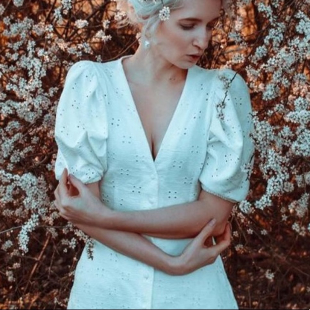 Voluminous Puff Sleeve Eyelet Button-down Dress